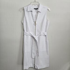 Sharagano White Full Front Zip Sleeveless Shirtdress Belted Pockets Women Sz 8